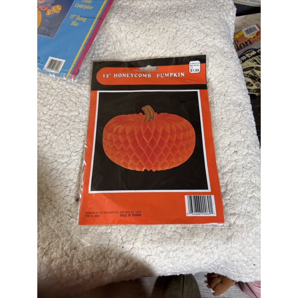 Vintage Woolworth 12" Pumpkin Honeycomb Decoration Tissue Paper Halloween NOS